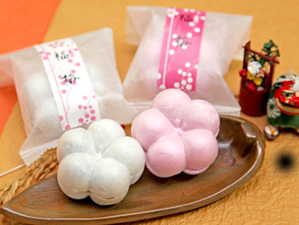 福梅（ふくうめ） 瀧味堂　新春祝菓子正月には欠かせない最中で、赤にはしそ餡。白には小豆餡が入っており、大変おめでたいお菓子です。ーーーーーーーー（1ケ）172円（税込）